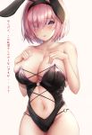  1girl animal_ears bangs bare_shoulders black_leotard blush breasts bunny_ears bunnysuit center_opening cleavage collarbone fate/grand_order fate_(series) hair_over_one_eye hairband hands_on_own_chest highres kisaki_oni large_breasts lavender_hair leotard looking_at_viewer mash_kyrielight navel open_mouth purple_eyes short_hair simple_background translation_request 