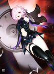  1girl armor armored_dress bangs bare_shoulders black_gloves black_legwear blush breasts commentary_request costor32 fate/grand_order fate_(series) gloves hair_over_one_eye highres holding_shield looking_at_viewer mash_kyrielight medium_breasts navel purple_eyes purple_gloves shield short_hair smile solo thighhighs upper_teeth 