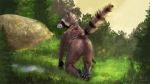  16:9 3d_(artwork) anthro arm_support black_body black_fur black_nose blender_(software) brown_body brown_claws brown_fur claws cybernetics cyborg day digital_media_(artwork) erect_tail facial_markings featureless_crotch feet fur grass guardians_of_the_galaxy head_markings looking_aside machine male mammal markings marvel mask_(marking) outside procyonid purplepawprince raccoon rear_view ringtail rocket_raccoon rockyrcoon scar signature solo toe_claws tree white_body white_fur widescreen 