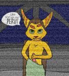  dialogue fur green_eyes hi_res lexistheleoxain lombax male mammal masturbation ratchet ratchet_and_clank solo space video_games yellow_body yellow_fur 