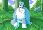  2020 anthro asian_clothing belly blue_body blue_fur bonasiah bulge clothing detailed_background east_asian_clothing full_attack fundoshi fur hi_res hokolee32 japanese_clothing kemono male mammal moobs navel nipples outside overweight overweight_anthro overweight_male sitting solo underwear ursid white_body white_fur 十泉介 