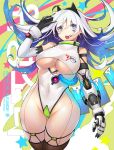  1girl android animal_ears black_gloves blue_eyes bodysuit breasts cat_ears dspell english_commentary fake_animal_ears galaxy gloves grey_hair hairband heart heart-shaped_pupils highres joints leotard looking_down original personification prosthesis prosthetic_arm robot_joints satellite space symbol-shaped_pupils thick_thighs thighs underboob white_hair wire 
