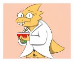  alphys ambiguous_gender anthro bodily_fluids buckteeth chopsticks clothing coat eating eyewear female_(lore) glasses holding_bowl lab_coat looking_at_viewer pbjam pigeon_toed reptile scales scalie simple_background solo standing sweat teeth thick_tail topwear undertale video_games yellow_body yellow_scales 