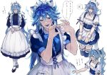  animal_ears apron bangs blue_eyes blue_hair blue_lips blush cat_ears crossdressing frills hair_between_eyes highres hiiragi_wonder idia_shroud long_hair maid maid_headdress male_focus open_mouth ponytail sharp_teeth smile solo teeth thighhighs twisted_wonderland yellow_eyes 