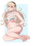  1girl barefoot black_hairband blue_background breasts corrin_(fire_emblem) corrin_(fire_emblem)_(female) fire_emblem fire_emblem_cipher fire_emblem_fates full_body hairband highres long_hair parted_lips pointy_ears red_eyes shell shell_bikini simple_background solo spiffydc twitter_username white_hair 