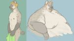  anthro before_and_after belly big_belly facial_hair fur holding_object hyaenid male mammal moobs morbidly_obese morbidly_obese_male navel nipples nude obese obese_male overweight overweight_male smile solo spots spotted_body spotted_fur spotted_hyena tan_body tan_fur weight_gain yasano_(artist) 