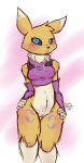  anthro blush_lines bottomless bottomless_female chest_tuft clothed clothing digimon digimon_(species) female hi_res partially_clothed pussy_blush renamon solo tsuraipossum tuft 