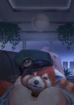  1girl absurdres animal apartment artist_name cityscape couch crossed_legs emblem food fruit hat highres huge_filesize japan_railways loose_clothes night original petting red_panda relaxed skyline sleeping_animal stuffed_toy suzuki_reina tail uniform vegetation watermelon yangpiev 