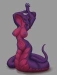  2020 anthro breasts cobra digital_media_(artwork) female forked_tongue green_eyes hi_res komahu naga nipples non-mammal_breasts nude pose purple_body reptile scalie serpentine simple_background smile snake solo tongue 