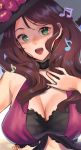  1girl breasts brown_hair cleavage dorothea_arnault earrings fire_emblem fire_emblem:_three_houses fire_emblem_heroes flower green_eyes hat hat_flower highres jewelry large_breasts long_hair musical_note nail_polish open_mouth solo swimsuit tanakananataka3 upper_body 