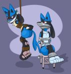  bdsm bondage bound chair chair_bondage chest_spike collar duo furniture gag hi_res lucario male nintendo pawpads pok&eacute;mon pok&eacute;mon_(species) red_eyes rope rope_bondage simple_background spiked_collar spikes suspension tape tape_bondage tape_gag toes_tied video_games whistleristler 