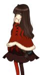  1girl black_bow bow brown_eyes brown_hair brown_legwear brown_skirt capelet chungu closed_mouth eyebrows_visible_through_hair fur-trimmed_capelet fur_trim hair_bow hairband kurenaino_aria long_hair looking_at_viewer occultic;nine pantyhose red_bow red_capelet red_legwear simple_background skirt solo stuffed_toy two-tone_legwear white_background 