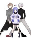  1girl 2boys :3 ahoge aran_sweater blue_eyes blush boots drawstring ear_piercing earrings full_body hair_ornament hair_over_shoulder hair_ribbon hairclip hands_in_pockets hands_on_hips heart height_difference highres jacket jewelry kanae_(nijisanji) kuzuha_(nijisanji) light_brown_hair long_hair looking_at_viewer multiple_boys necklace nijisanji own_hands_together pants piercing ponytail red_eyes ribbon shorts simple_background sketch slippers smile spread_legs standing sweater track_jacket virtual_youtuber white_background white_hair yoyoichi_(ivivi441) yuuki_chihiro 