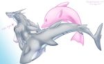  ambiguous_gender anthro anthrofied black_eyes breasts butt duo egan fan_character female fish grey_body hi_res lamniform marine megalodon multicolored_body muscular muscular_female nipples pink_body scar shark simple_background smile solo tongue tongue_out two_tone_body vipery-07 white_body 