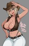  1girl ;) agawa_ryou arm_up armpits artist_name belt blue_eyes breasts cleavage commentary cowboy cowboy_hat dark_skin dated denim english_commentary fang grey_background hair_between_eyes hand_on_hip hat highleg highleg_panties jeans large_breasts light_brown_hair midriff mole mole_on_thigh navel one_eye_closed open_mouth original panties pants salute short_hair sleeveless smile solo tan thick_thighs thighs underwear vest western 