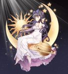  1girl barefoot blush bow cardcaptor_sakura chungu closed_mouth crescent_moon daidouji_tomoyo dress eyebrows_visible_through_hair floating_hair foot_dangle hair_bow hand_in_hair hand_up long_dress long_hair moon purple_bow purple_hair saturn_(planet) sitting sky smile solo star star_(sky) starry_sky sun symbol_commentary white_dress 