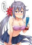  1girl ahoge akebono_(kantai_collection) alternate_breast_size bikini bikini_skirt blue_skirt blush breasts cleavage collarbone commentary_request cowboy_shot flower frilled_bikini frills grey_hair hair_flower hair_ornament highres ichikawa_feesu kantai_collection large_breasts long_hair looking_at_viewer messy_hair navel open_mouth parted_lips pleated_skirt purple_eyes side_ponytail simple_background skirt solo swimsuit tanzaku translation_request very_long_hair white_background 