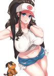  1girl bangs bare_shoulders baseball_cap black_vest blue_eyes blush breasts brown_hair collarbone curly_hair cutoffs denim denim_shorts gen_5_pokemon hat high_ponytail highres large_breasts long_hair looking_at_viewer moisture_(chichi) navel parted_lips plump pokemon pokemon_(game) pokemon_bw shirt short_shorts shorts sidelocks simple_background smile tepig thighs touko_(pokemon) vest white_shirt wristband 