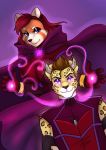  ailurid anthro ash_(ashkelling) brown_hair clothed clothing duo felid feline female fur hair hi_res hypnosis leopard looking_at_viewer male male/female mammal mind_control pantherine red_body red_fur red_hair red_panda rose_red_(scarlet-frost) scarlet-frost simple_background smile spots 