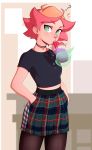  1girl ? absurdres ahoge amanda_o&#039;neill beige_background black_choker black_sweater breasts bubble_tea choker commentary cowboy_shot crop_top cropped_sweater drinking drinking_straw earrings eyebrows_visible_through_hair eyeshadow floating gingham_skirt green_eyes green_skirt hands_in_pockets highres jewelry levitation little_witch_academia looking_at_viewer magic makeup midriff miniskirt mouth_hold multicolored multicolored_background multicolored_clothes multicolored_skirt nose notice_lines orange_hair pantyhose plaid plaid_skirt pudgeruffian ribbed_sweater short_eyebrows short_hair short_sleeves sideburns simple_background skirt solo sparkle standing stud_earrings sweater 