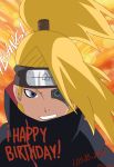  1boy absurdres akatsuki_(naruto) artificial_eye blonde_hair blue_eyes deidara eyepatch forehead_protector hair_over_one_eye happy happy_birthday highres iwagakure_symbol long_hair male_focus mechanical_eye naruto naruto_(series) naruto_shippuuden ninja nozuisus solo teeth tied_hair 