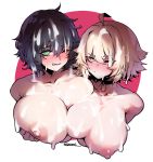  2girls absurdres ahoge asymmetrical_docking babo bags_under_eyes black_hair blonde_hair blush borrowed_character breast_lift breast_press breasts bukkake character_request choker chris_(babo) cleavage crossover cum cum_on_body cum_on_breasts cum_on_hair cum_on_upper_body deep_skin facial green_eyes highres huge_breasts large_breasts looking_at_viewer multiple_girls nipples nose_blush one_eye_closed original twitter_username yellow_eyes 