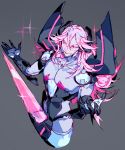  1boy azure_striker_gunvolt bare_chest blade collarbone fingernails grey_background hair_between_eyes half-closed_eyes long_hair male_focus parted_lips pauldrons pink_eyes pink_hair purple_skin salamanshe sharp_fingernails shoulder_armor simple_background smile solo sparkle weapon zonda_(gunvolt) 