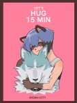  3:4 anthro black_body black_fur black_hair black_nose blue_body blue_eyes blue_fur blue_hair border brand_new_animal brown_body brown_fur canid canine canis clothed clothing collar english_text eyes_closed female fur hair hi_res hug male mammal michiru_kagemori multicolored_hair raccoon_dog red_border shirou_ogami shirt snocotan studio_trigger tank_top tanuki text topwear wolf 