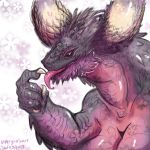  1:1 anthro anthrofied black_body breasts capcom claws detailed_background dragon elder_dragon female hi_res horn monster_hunter multicolored_body nergigante open_mouth open_smile purple_body smile solo tongue tongue_out two_tone_body video_games vipery-07 yellow_eyes 