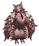  1girl absurdres bangs blush breasts brown_eyes brown_hair digitigrade enty_reward eyebrows_visible_through_hair feathers fluffy full_body harpy highres kenkou_cross large_breasts looking_at_viewer monster_girl monster_girl_encyclopedia necktie official_art owl_mage_(monster_girl_encyclopedia) paid_reward pants photoshop_(medium) ribbed_sweater short_eyebrows short_hair simple_background solo sweater talons white_background wings 