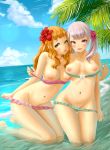  2girls areolae bare_shoulders bikini bikini_pull black_clover blue_bikini blue_sky breasts breasts_apart breasts_outside brown_eyes brown_hair day dkoro english_commentary flower hair_flower hair_ornament hair_ribbon highres kneeling large_breasts long_hair looking_at_viewer medium_breasts mimosa_vermilion multiple_girls navel nipples noelle_silva ocean open_mouth outdoors palm_tree pink_lips purple_bikini purple_eyes purple_ribbon red_flower ribbon silver_hair sky swimsuit tree twintails undressing wavy_mouth 