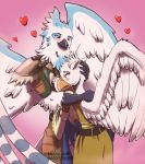  &lt;3 anthro arc_rose armor avian beak bird blush clothed clothing couple_(disambiguation) duo eye_contact falcon falconid feathers female hug looking_at_another love male male/female purple_eyes robe romantic_couple white_body white_feathers wings yellow_eyes 