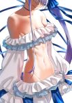  bangs bare_shoulders blue_choker blue_ribbon blue_swimsuit breasts choker commentary_request cowboy_shot fate/grand_order fate_(series) head_out_of_frame highres meltryllis meltryllis_(swimsuit_lancer)_(fate) navel off-shoulder_swimsuit purple_hair rama_(amaru) ribbon side_ponytail sleeves_past_wrists small_breasts smile swimsuit toned 