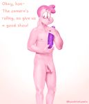  absurd_res anthro balls big_eyes detailed dialogue digital_media_(artwork) dildo english_text flaccid genitals hair hi_res hocolatemilk holding_dildo holding_object holding_sex_toy lagomorph looking_at_viewer male mammal nervous nipples painting_(artwork) penis pink_body pink_hair pinup pornography pose puririn recording sex_toy slim solo standing text traditional_media_(artwork) uncut 