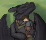  black_body black_scales clothing cuddling dragon dreamworks ekayas eyes_closed feral hi_res hiccup how_to_train_your_dragon hug human interspecies male male/male mammal membrane_(anatomy) night_fury scales scalie size_difference sleeping toothless western_dragon wings 