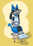  angry bdsm bondage bound chair chair_bondage furniture gag hi_res lucario male nintendo pok&eacute;mon pok&eacute;mon_(species) red_eyes simple_background solo tape tape_bondage tape_gag toes_tied video_games whistleristler 