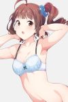  ahoge armpits arms_behind_head bangs bare_shoulders black_bow blue_bra blue_scrunchie blunt_bangs bow bow_bra bra breasts brown_eyes brown_hair cleavage collarbone drill_hair highres hiroki_(yyqw7151) idolmaster idolmaster_million_live! long_torso midriff mons_pubis no_panties open_mouth scrunchie side_drill side_ponytail sidelocks simple_background underwear underwear_only upper_body yokoyama_nao 