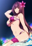  1girl arm_up bangs bare_shoulders bikini breasts fate/grand_order fate_(series) flower from_below from_side hair_between_eyes hair_flower hair_ornament hera_(hara0742) hibiscus highres large_breasts leg_garter long_hair looking_at_viewer night night_sky outdoors parted_lips pink_bikini pink_flower purple_bikini purple_hair red_eyes scathach_(fate)_(all) scathach_(swimsuit_assassin)_(fate) shiny shiny_skin sitting sky solo swimsuit thighs tree underboob wariza water wet 