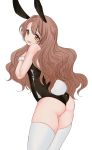  1girl animal_ears ass bare_shoulders black_leotard brown_eyes brown_hair bunny_ears bunny_tail bunnysuit chungu cowboy_shot fake_animal_ears fake_tail from_behind hands_up idolmaster idolmaster_cinderella_girls leotard long_hair looking_at_viewer looking_back open_mouth shimamura_uzuki simple_background solo tail thighhighs two_side_up white_background white_legwear wrist_cuffs 