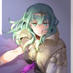  1girl byleth_(fire_emblem) byleth_(fire_emblem)_(female) closed_mouth fire_emblem fire_emblem:_three_houses green_eyes green_hair medium_hair robaco simple_background solo tiara twitter_username upper_body 