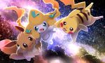  5:3 ambiguous_gender cosmic_background dagasi detailed_background eevee feral floating flying galaxy group group_picture hand_holding jirachi legendary_pok&eacute;mon neck_tuft nintendo pawpads paws pikachu pok&eacute;mon pok&eacute;mon_(species) ribbons sparkling_eyes tuft video_games 