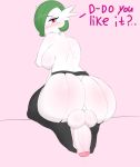  anus balls big_breasts big_butt blush breasts butt clothing erection g3mma gardevoir genitals gynomorph hair hair_over_eye hi_res intersex legwear looking_at_viewer looking_back nintendo not_furry one_eye_obstructed penis pok&eacute;mon pok&eacute;mon_(species) solo text thigh_highs video_games 