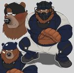  2018 5_fingers anthro backwards_baseball_cap baseball_(sport) baseball_cap baseball_glove baseball_uniform biped black_clothing black_hat black_headwear blue_clothing blush bodily_fluids bottomwear brown_bear brown_body brown_fur brown_nose cheek_tuft clothed clothing crouching digital_drawing_(artwork) digital_media_(artwork) facial_tuft fangs fingers fluffy front_view fur fur_tuft gloves grey_background grey_clothing half-closed_eyes handwear hat head_tuft headgear headwear looking_at_viewer male mammal multiple_images narrowed_eyes neck_tuft oaks16 simple_background small_ears solo sport sportswear standing sweat sweatdrop tan_body tan_fur three-quarter_view topwear tuft uniform ursid ursine 