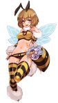  1girl :d absurdres antennae blush brown_hair covered_nipples enty_reward full_body grey_eyes highres honey honeybee insect_girl kenkou_cross looking_at_viewer monster_girl monster_girl_encyclopedia navel official_art open_mouth paid_reward panties panty_pull short_hair simple_background smile solo standing standing_on_one_leg striped striped_legwear striped_panties thighhighs underwear white_background wristband 