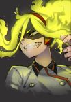  1girl :d black_background blonde_hair boku_no_hero_academia burnin_(boku_no_hero_academia) domino_mask fiery_hair grin hairband highres looking_afar mask mr._skull open_mouth portrait red_hairband smile solo teeth yellow_eyes 