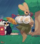  animal_crossing anthro big_breasts breasts clothed clothing coco_(animal_crossing) duo female gyroid hi_res holding_object huge_breasts koala mammal marsupial nintendo nsfwoaf outside raining shovel solo_focus standing tools tree video_games vombatiform wet wet_clothing 