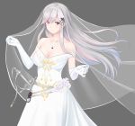  1girl absurdres azur_lane bare_shoulders belt breasts bridal_veil butterfly_hair_ornament chenche-jun cleavage collarbone commentary_request dress dunkerque_(azur_lane) elbow_gloves gloves grey_background grey_hair hair_ornament highres large_breasts light_blush long_dress long_hair looking_at_viewer off-shoulder_dress off_shoulder purple_eyes rapier sidelocks simple_background smile solo sword veil weapon wedding_dress white_dress white_gloves 