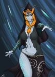  beauty_mark big_breasts breasts clothed clothing dress female gown hair hi_res hood humanoid jeffthehusky markings midna_(true_form) navel nintendo ornament ponytail red_eyes red_hair robe skimpy solo the_legend_of_zelda thick_thighs twilight_princess video_games yellow_sclera 