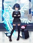  1girl alice_(sinoalice) blazer crossed_arms dark_blue_hair full_body hairband headphones jacket lf_(paro) loafers looking_at_viewer red_eyes school shoes short_hair sinoalice skirt solo sword thighhighs uniform weapon wings 