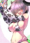  ... 1girl animal_ears animal_print arms_up bare_shoulders bikini black_hair blush breasts cleavage cow_ears cow_horns cow_print elbow_gloves fang fingerless_gloves gloves grey_hair hair_over_eyes heart holding horns isshitaira large_breasts manga_(object) multicolored_hair navel open_mouth polka_dot polka_dot_background shiny shiny_hair shiny_skin skindentation smile solo swimsuit tongue two-tone_hair upper_body uzaki-chan_wa_asobitai! uzaki_yanagi white_background white_bikini white_gloves 